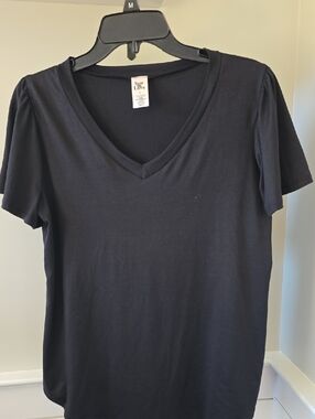 Sew In Love Women's Black V-Neck Short Sleeve Tee with Slight Flutter Sleeve